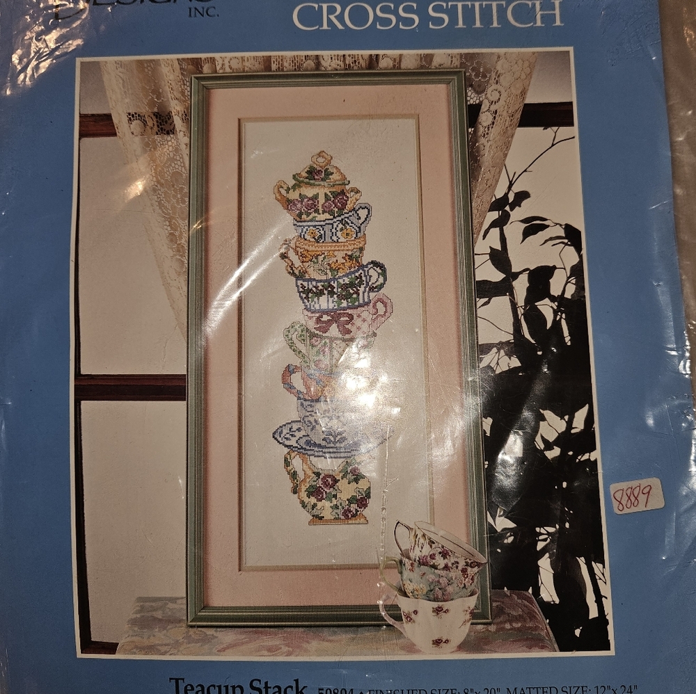 Counted cross stitch kit, Candamar,"Teacup Stack" 14ct Aida, 8x20